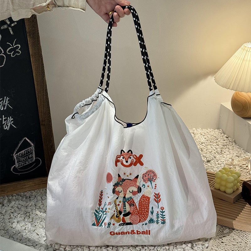 New Style Summer Japanese Style Cartoon Embroidered Nylon Shopping Bag Simple Cute All-Match Street Fried Portable Shoulder Bag Women'S Trendy - Image 2