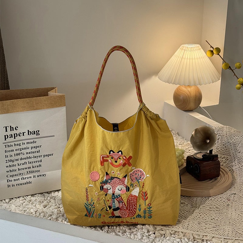 New Style Summer Japanese Style Cartoon Embroidered Nylon Shopping Bag Simple Cute All-Match Street Fried Portable Shoulder Bag Women'S Trendy - Image 5