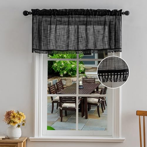 BD BEDA HOME Beda Home Tassel Linen Textured Swag Curtain Valance for Farmhouses’ Kitchen; Rustic Short Swag Topper for Small Windows Bedroom Privacy Added Rod Pocket Design(Black, 52Wx18L - 1PC) - Image 1