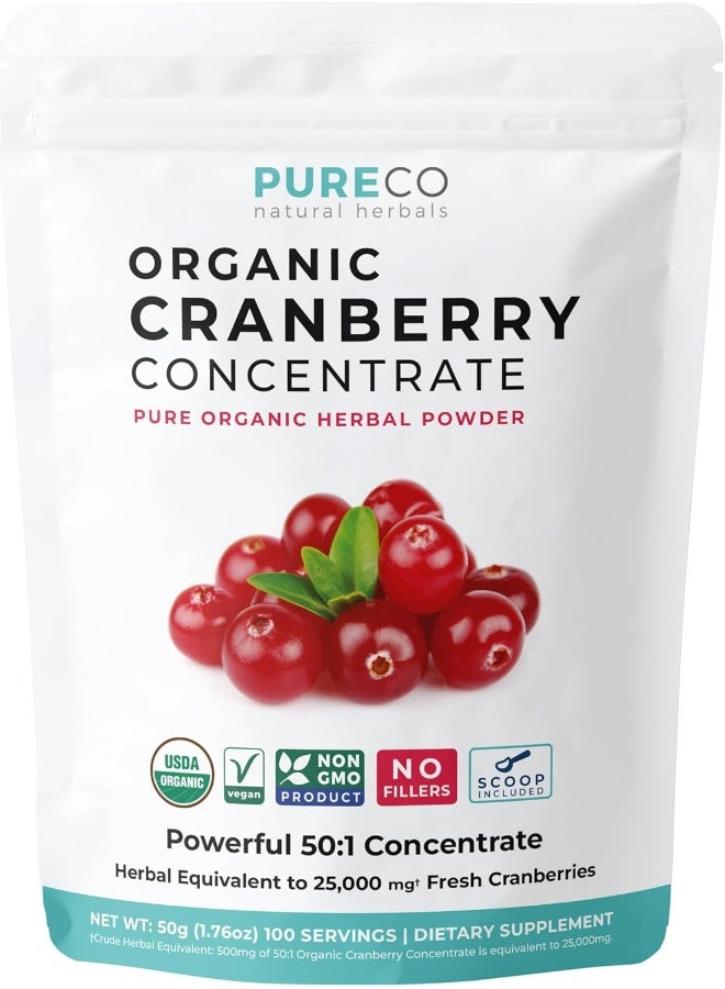 PURE CO USDA Organic Cranberry Concentrate (50:1) Powder - 500mg is Equivalent to 25,000mg of Fresh Cranberries - For Kidney Cleanse & UTI Support Vitamins - Fruit Extract Supplement - 100 Servings - No Pills  - Image 1