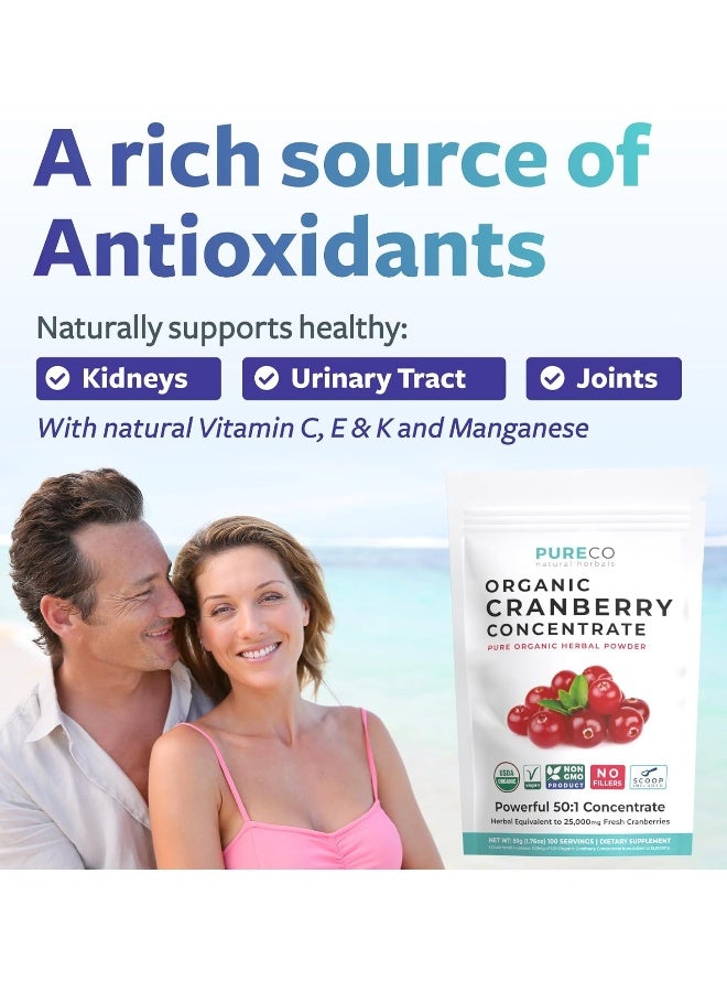 PURE CO USDA Organic Cranberry Concentrate (50:1) Powder - 500mg is Equivalent to 25,000mg of Fresh Cranberries - For Kidney Cleanse & UTI Support Vitamins - Fruit Extract Supplement - 100 Servings - No Pills  - Image 3