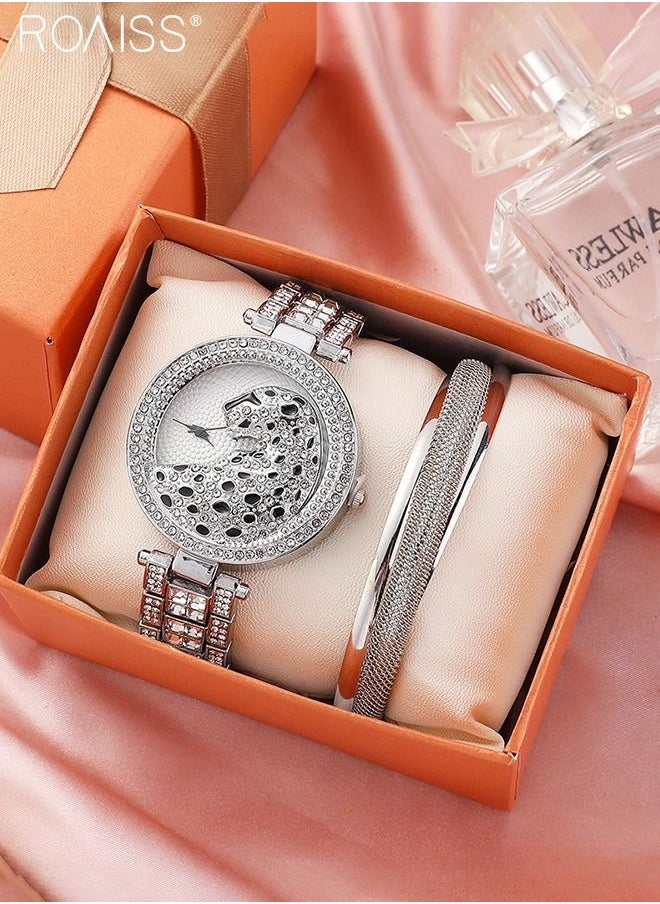 roaiss Women's Alloy Strap Bracelet Watch Analog Display Round Dial Quartz Watch with Leopard Head Pattern Decorated with Rhinestones 2 Pieces Luxurious Watch Set as Gift for Women, Silver  - Image 1
