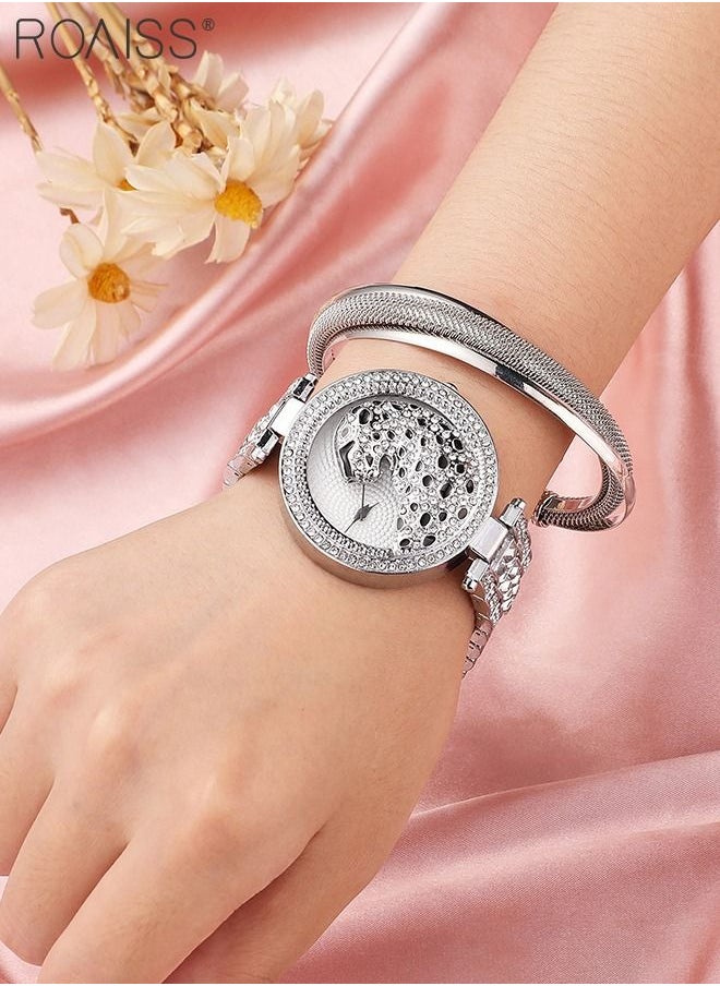 roaiss Women's Alloy Strap Bracelet Watch Analog Display Round Dial Quartz Watch with Leopard Head Pattern Decorated with Rhinestones 2 Pieces Luxurious Watch Set as Gift for Women, Silver  - Image 2