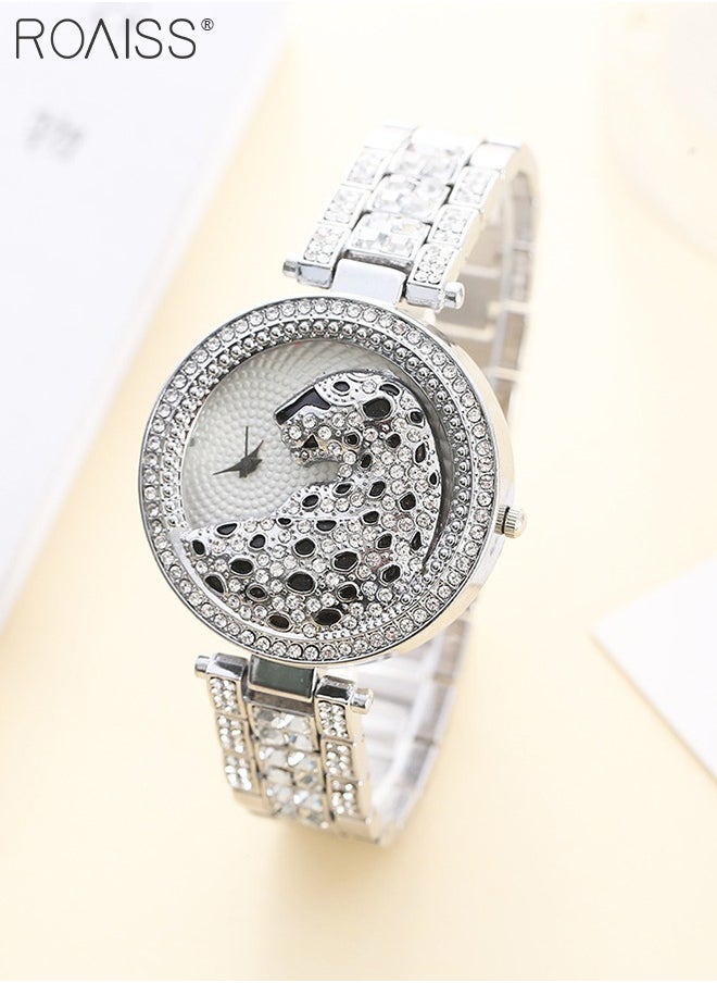 roaiss Women's Alloy Strap Bracelet Watch Analog Display Round Dial Quartz Watch with Leopard Head Pattern Decorated with Rhinestones 2 Pieces Luxurious Watch Set as Gift for Women, Silver  - Image 3