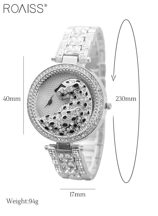 roaiss Women's Alloy Strap Bracelet Watch Analog Display Round Dial Quartz Watch with Leopard Head Pattern Decorated with Rhinestones 2 Pieces Luxurious Watch Set as Gift for Women, Silver  - Image 5