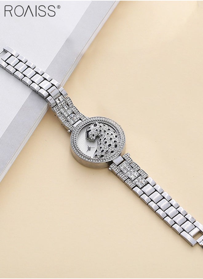 roaiss Women's Alloy Strap Bracelet Watch Analog Display Round Dial Quartz Watch with Leopard Head Pattern Decorated with Rhinestones 2 Pieces Luxurious Watch Set as Gift for Women, Silver  - Image 4