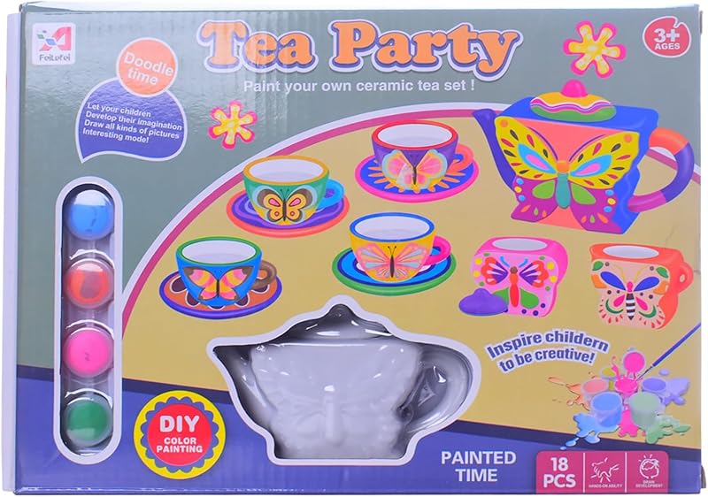Tea Party Painted Ceramic Set For 3 Years And Above, 18 Pieces - Multicolor