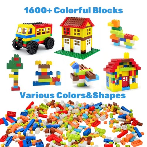 GOLDGE 1600 PCS Building Bricks Set Classic Bulk Building Blocks Compatible with All Major Brands Includes 3 Baseplates 53 Wheels Doors Windows Accessories Creative STEM Construction Toy Gift for Kids - Image 5