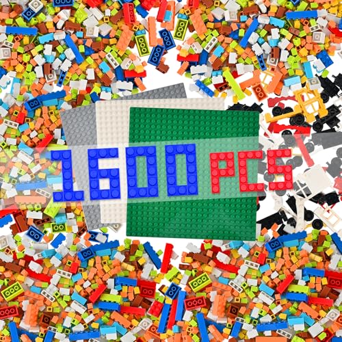 GOLDGE 1600 PCS Building Bricks Set Classic Bulk Building Blocks Compatible with All Major Brands Includes 3 Baseplates 53 Wheels Doors Windows Accessories Creative STEM Construction Toy Gift for Kids - Image 1