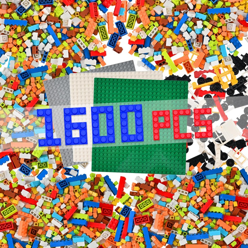 GOLDGE 1600 PCS Building Bricks Set Classic Bulk Building Blocks Compatible with All Major Brands Includes 3 Baseplates 53 Wheels Doors Windows Accessories Creative STEM Construction Toy Gift for Kids - Image 3