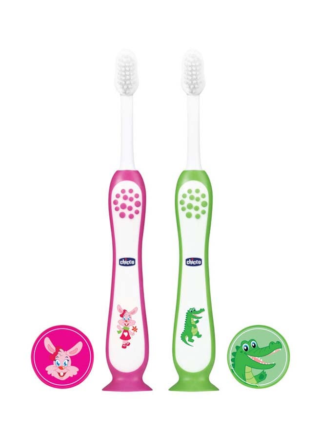 Chicco مجموعة فرشاة أسنان وردية + خضراء 3 سنوات - 8 سنوات - Image 1