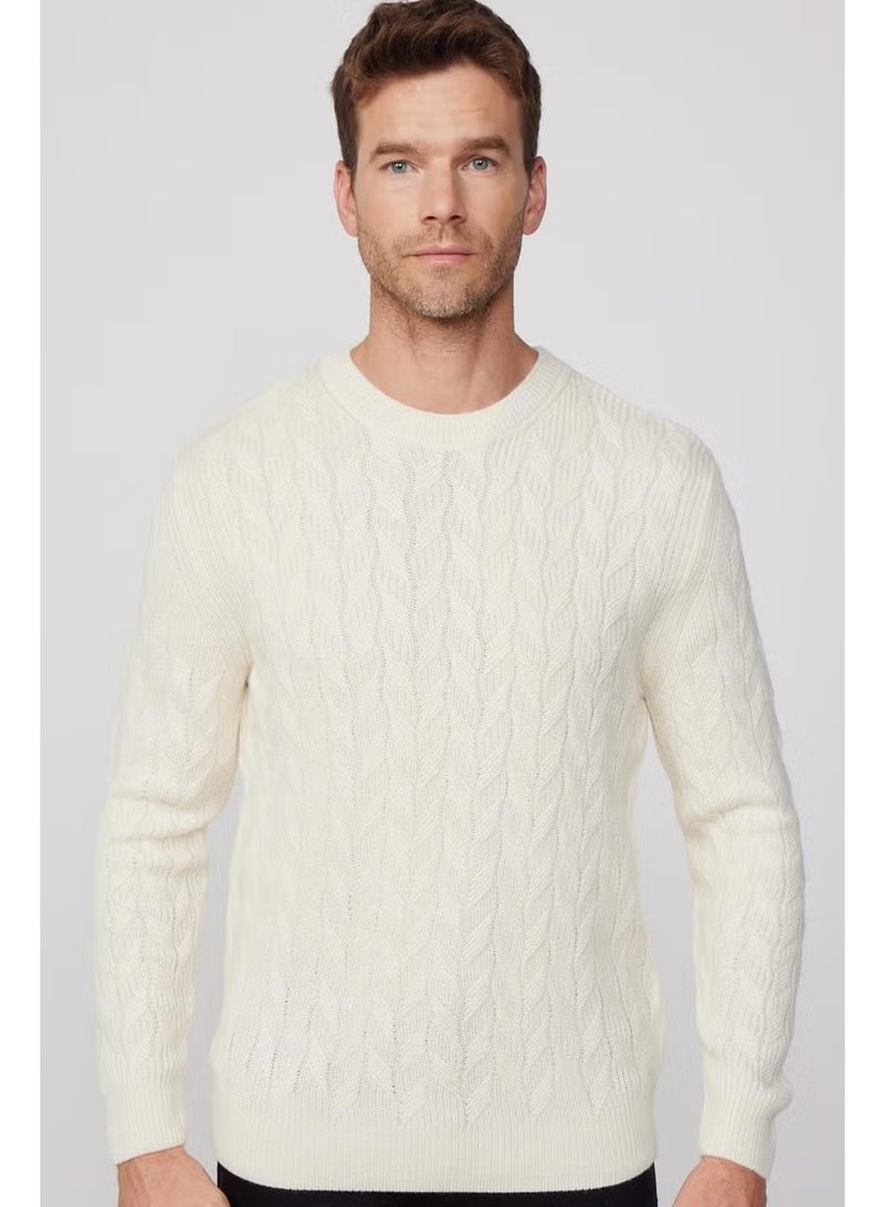 Tudors Slim Fit Crew Neck Patterned Ecru Men's Knitwear Sweater - Image 2