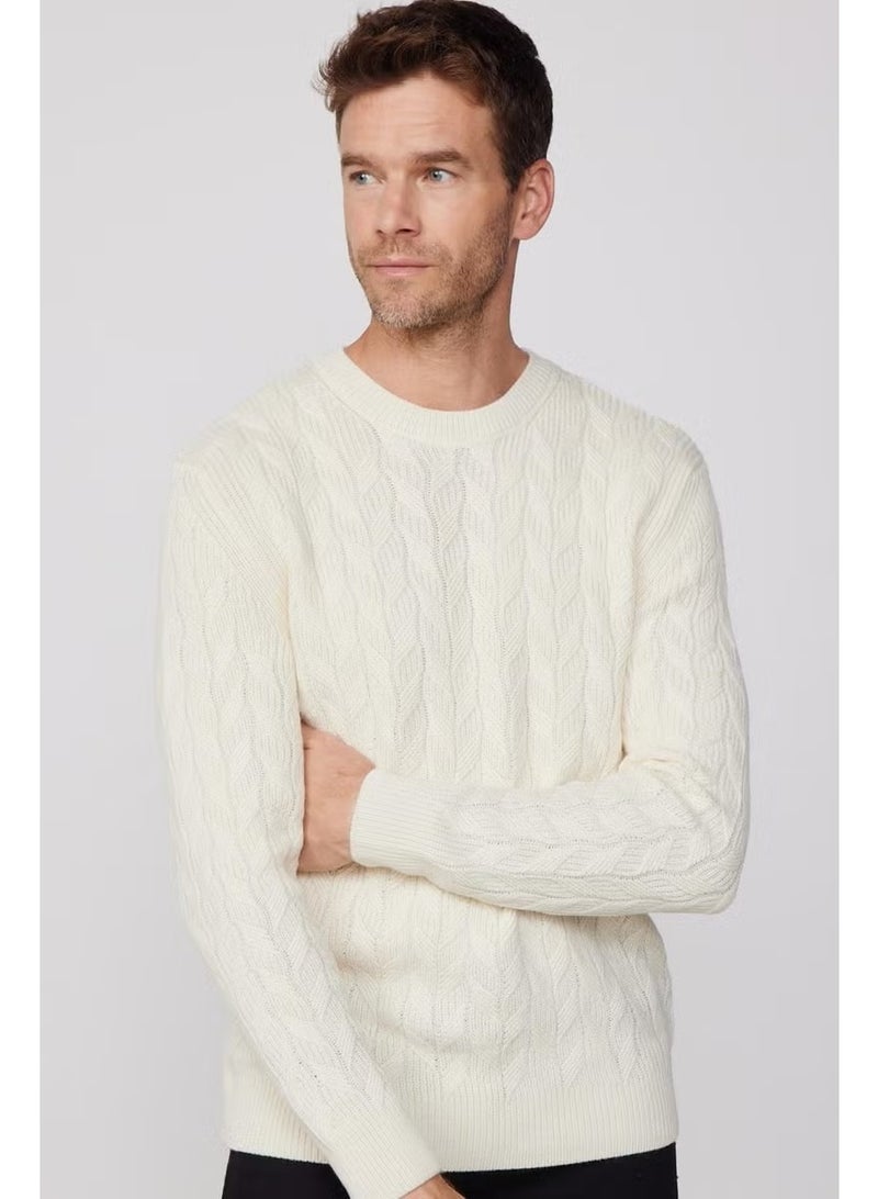 Tudors Slim Fit Crew Neck Patterned Ecru Men's Knitwear Sweater - Image 1