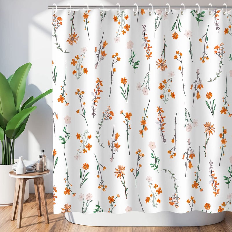 LIVILAN Floral Shower Curtain Orange Shower Curtain Flower Shower Curtain Plant Shower Curtains Set with 12 Hooks Watercolor Bathroom Decor 72x72