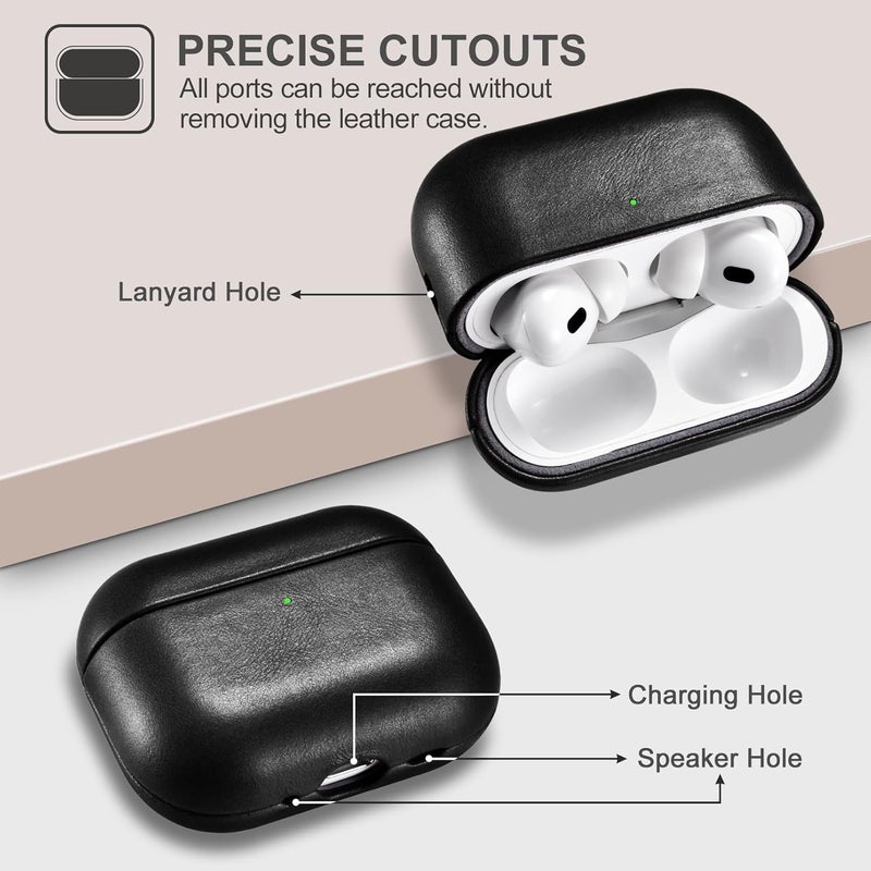 آيكيرير غطاء جلدي لـ AirPods Pro 3 2025، غطاء واقي ضد الصدمات من الجلد الطبيعي الممتاز لعلبة شحن سماعات Apple AirPods Pro 3 (LED مرئي) يدعم الشحن اللاسلكي - أسود - Image 4
