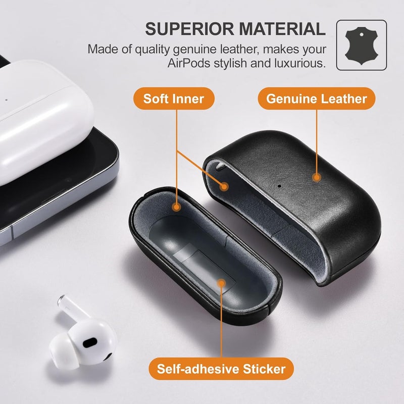 آيكيرير غطاء جلدي لـ AirPods Pro 3 2025، غطاء واقي ضد الصدمات من الجلد الطبيعي الممتاز لعلبة شحن سماعات Apple AirPods Pro 3 (LED مرئي) يدعم الشحن اللاسلكي - أسود - Image 3