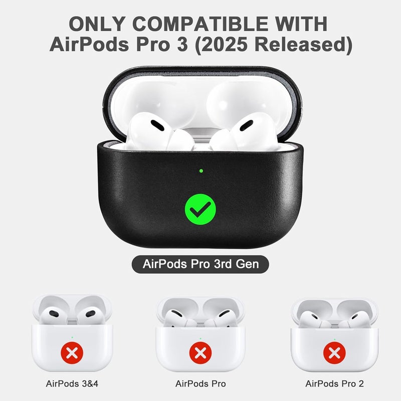 آيكيرير غطاء جلدي لـ AirPods Pro 3 2025، غطاء واقي ضد الصدمات من الجلد الطبيعي الممتاز لعلبة شحن سماعات Apple AirPods Pro 3 (LED مرئي) يدعم الشحن اللاسلكي - أسود - Image 2