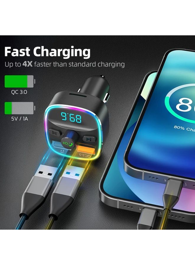 Black BT FM Transmitter Car Charger with QC3 0 Dual USB 7 Color LED Hands Free Calling - Image 3