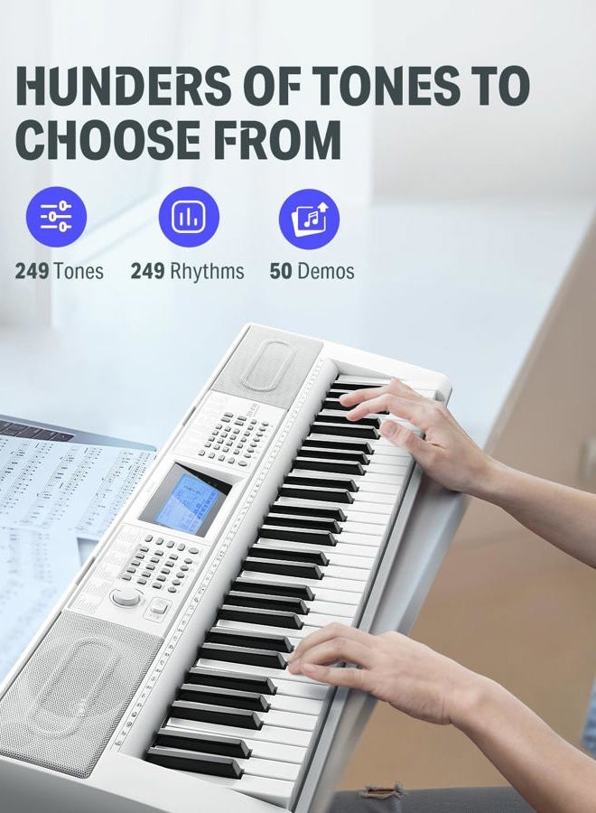 Donner 61 Keys Piano Keyboard, Electric Keyboard Kit with 249 Voices, 249 Rhythms, Includes Piano Stand, Stool, Microphone, Beginner Gift, White (DEK-610S) - Image 2