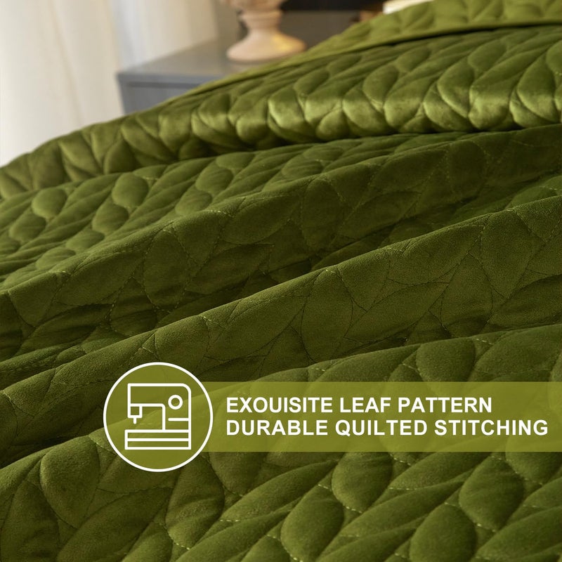 Ivellow Velvet Quilt King Size, Green Lightweight Bedspread Full Soft Reversible Coverlet for All Season 3Pcs Luxury Velvet Comforter with Brushed Microfiber Back Leaf Embroidered Quilted Bedding Set - Image 3