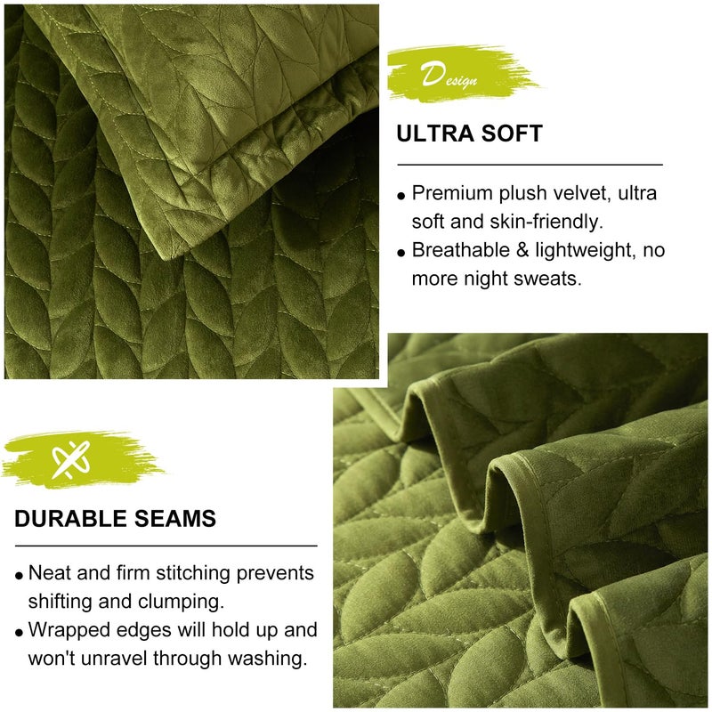 Ivellow Velvet Quilt King Size, Green Lightweight Bedspread Full Soft Reversible Coverlet for All Season 3Pcs Luxury Velvet Comforter with Brushed Microfiber Back Leaf Embroidered Quilted Bedding Set - Image 5