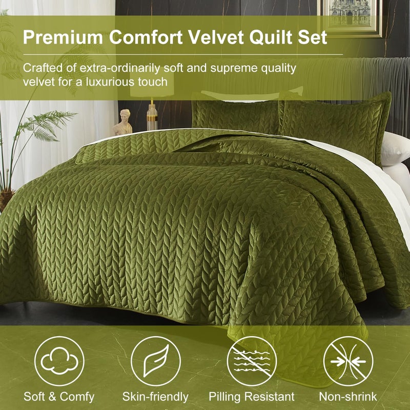 Ivellow Velvet Quilt King Size, Green Lightweight Bedspread Full Soft Reversible Coverlet for All Season 3Pcs Luxury Velvet Comforter with Brushed Microfiber Back Leaf Embroidered Quilted Bedding Set - Image 2