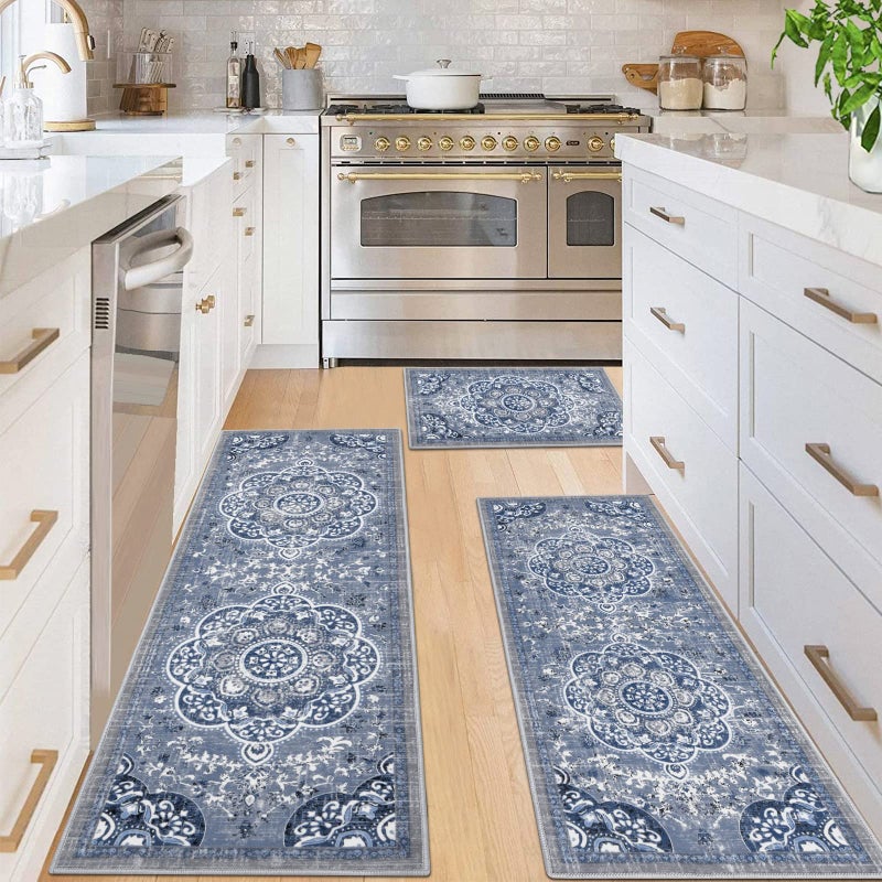 Ileading Boho Kitchen Rugs Sets 3 Piece with Runner Floral Kitchen Floor Mat Carpet Farmhouse Kitchen Rugs and Mats Non Skid Washable Runner Rug for Kitchen Floor Office Sink Laundry Blue