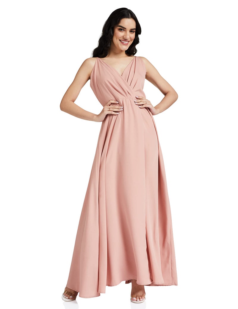 Berrylush Pink Front Slit Shoulder Strap Maxi Dress | Polyester - Image 1