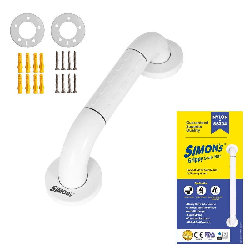 Simon's Grippy Heavy-Duty Nylon and SS304 Inside Bathroom and Toilet Anti Slip Grab bar for Elderly Hand Railing and Safety Handle| White | 3.5 cm Broad, 30 cm Length Grab Rail - 1pcs - Image 1