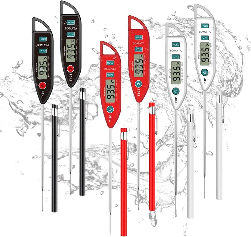 BOMATA 6 Pack Waterproof IPX7 Meat Thermometer Instant Read Food Thermometer with Long Probe for Water, Liquid, Kitchen Cooking, Grill,BBQ ! T101 X 6 Pcs (Black & Red & White)… - Image 1
