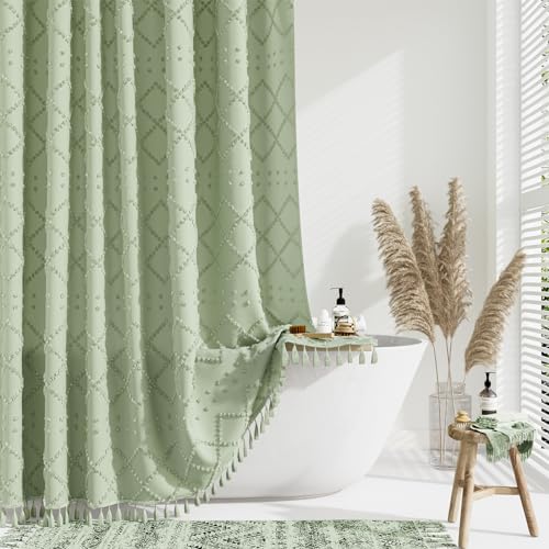 Dynamene sage Green Fabric Shower Curtain Boho Tufted Geometric Striped Tassel Shower Curtain for Bathroom Shabby Chic Modern Farmhouse Waterproof Cloth Shower Curtain Set Wrinkle Free 72x72 - Image 1