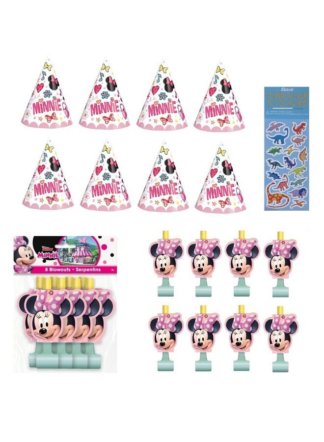 Unique Minnie Mouse Birthday Party Supplies Activity Bundle Pack Includes 8 Kid Party Cone Hats And 8 Party Blowouts - Image 1