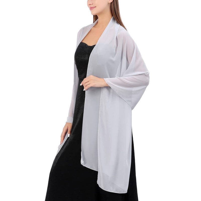 Ladiery Chiffon Shawl Wraps for Women Evening Dresses, Elegant Soft Sheer Shawls for formal dressy Bride Wedding Silver - Image 1