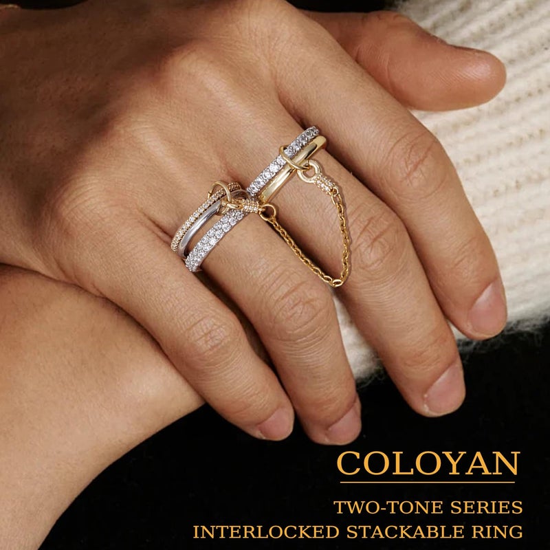 COLOYAN Gold Stackable Rings for Women, Interlocked Stackable Ring with Chain Non Tarnish, 18k Gold Plated Silver Gold Mixed Metals Chunky Stack Statement Rings - Image 4