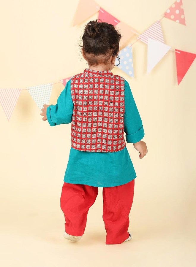 Fabindia Teal Cotton Hand Block Printed 3pc Kurta Set - Image 3