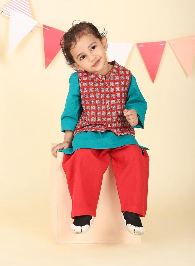 Fabindia Teal Cotton Hand Block Printed 3pc Kurta Set - Image 4
