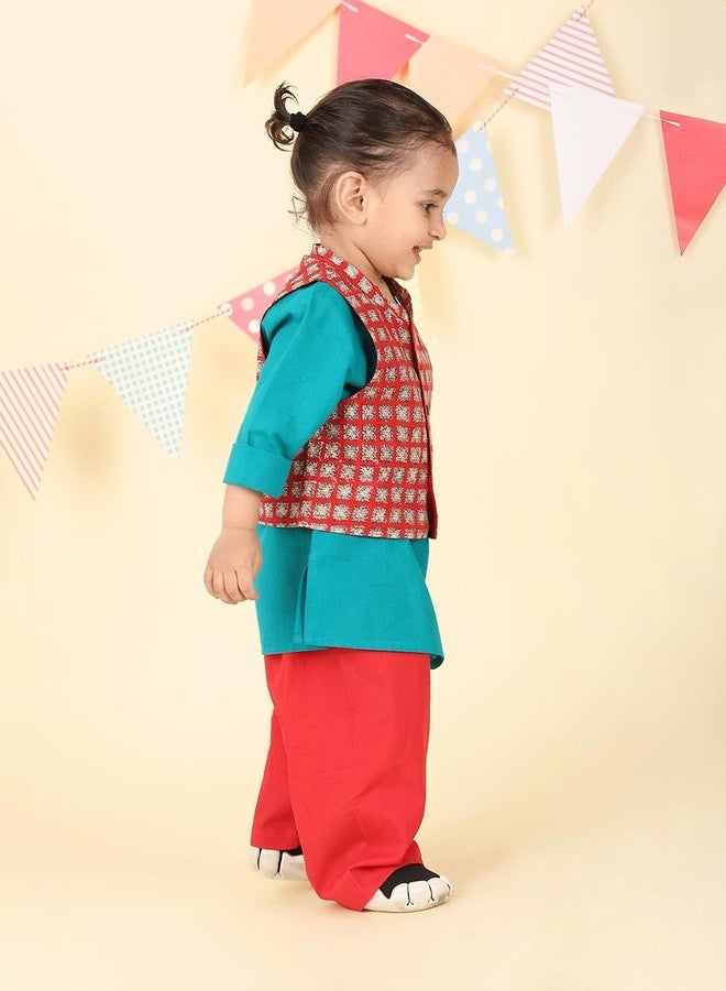 Fabindia Teal Cotton Hand Block Printed 3pc Kurta Set - Image 2