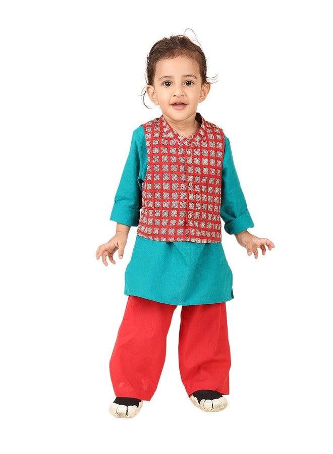 Fabindia Teal Cotton Hand Block Printed 3pc Kurta Set - Image 1