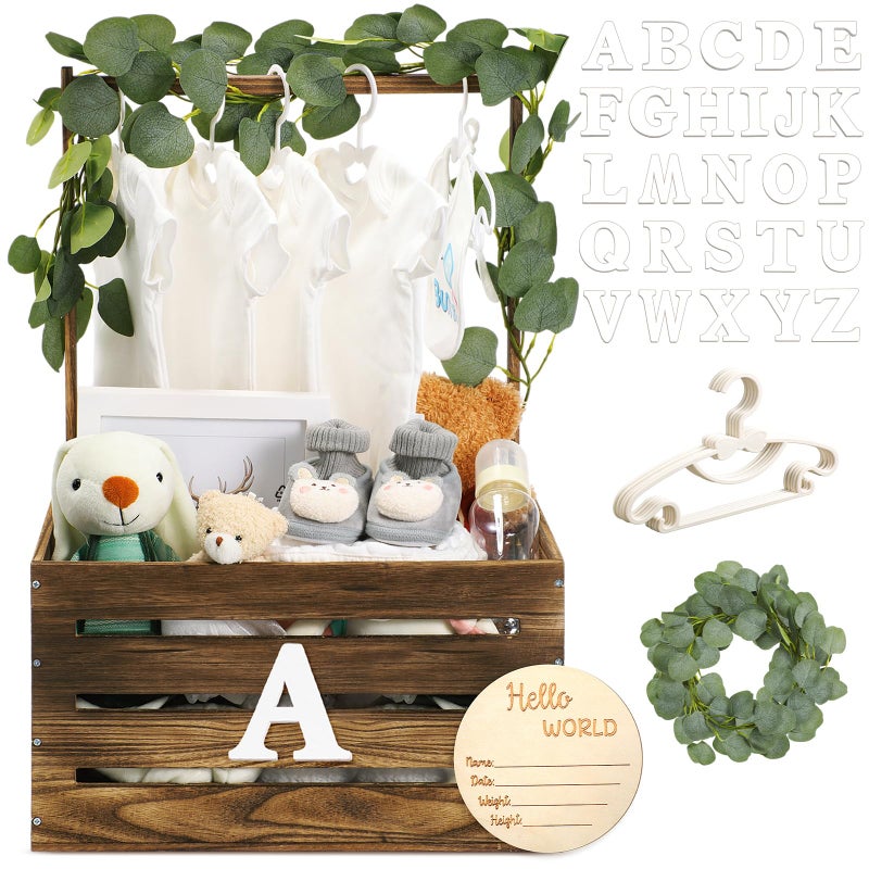 صندوق خشبي لحفلة استقبال المولود مع مقبض لافتة إعلان المولود وزينة هانجر كبيرة من الحروف الخشبية هدية خشبية للحروف للحمل وحفلة الآباء الجدد بني