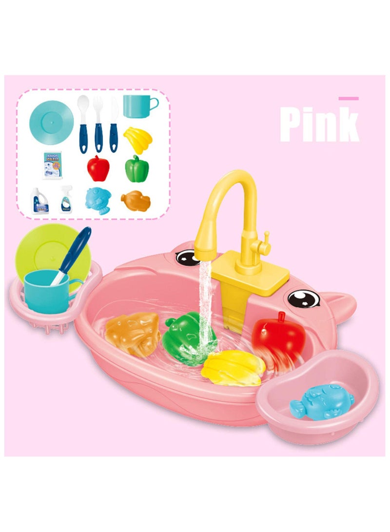 Chabeia Kids Kitchen Sink Toy – Pretend Play Sink with Working Faucet, Water Circulation & Drain, Battery not included, Educational Role-Play Set for Toddlers & Kids (Pink) - Image 1