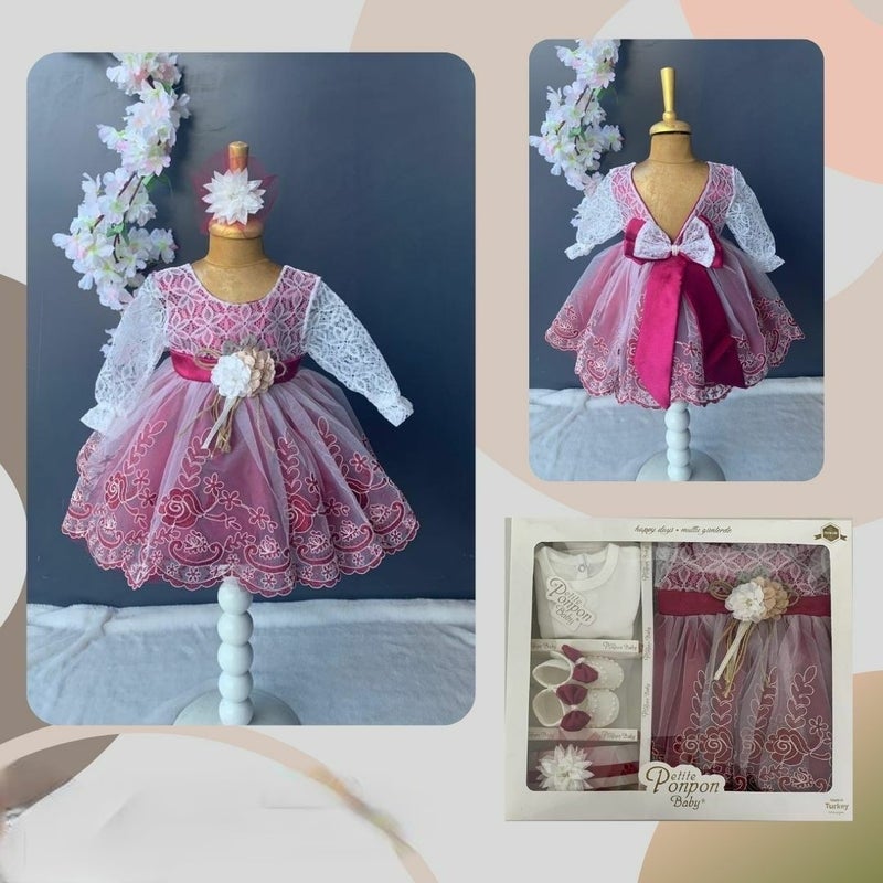 Furya Baby Girl 0-6 Months Wedding Dress 4 Piece Mawlud Set Long Sleeve Lace Premium Mawlud Dress - Image 4