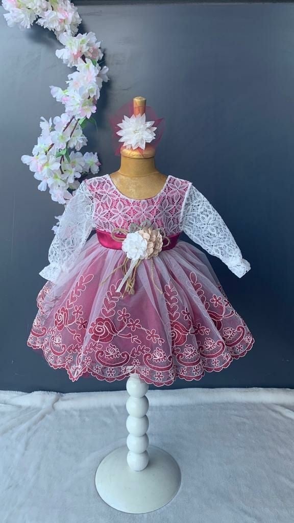 Furya Baby Girl 0-6 Months Wedding Dress 4 Piece Mawlud Set Long Sleeve Lace Premium Mawlud Dress - Image 1