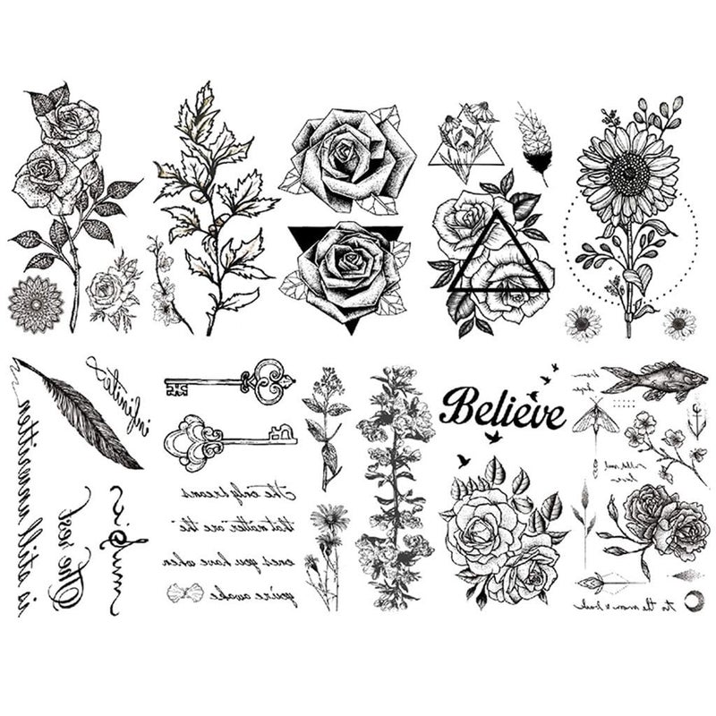 CARGEN Black Realistic Temporary Tattoos  10 Sheets Sexy Flowers Rose Sunflower Feather Key Words Believe Butterfly Moon Tattoos for Women Girls Makeup Fake Tattoo Great for Thighs Chest Shoulder