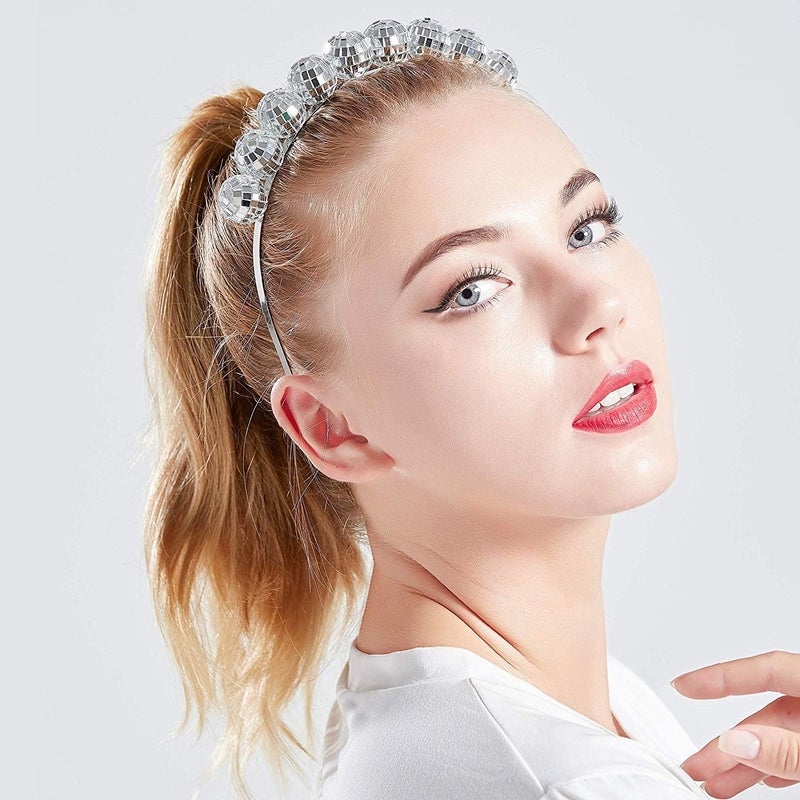 Coucoland Vintage Disco Ball Headband - 1970s Disco Costume Headpiece for Party (Silver) - Image 4