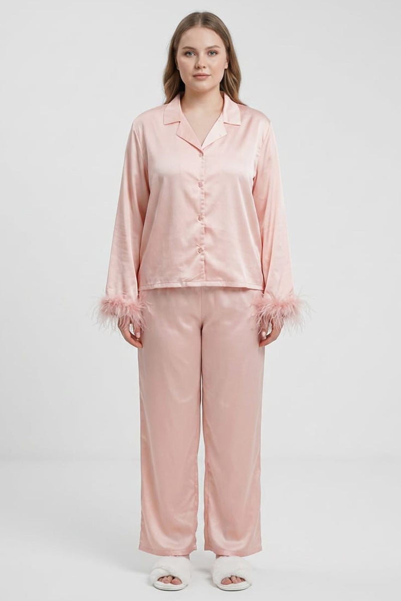 Material Girl Women 2 Pieces Plain Long Sleeve Shirt With Pants Sleepwear Set, Pink - Image 1