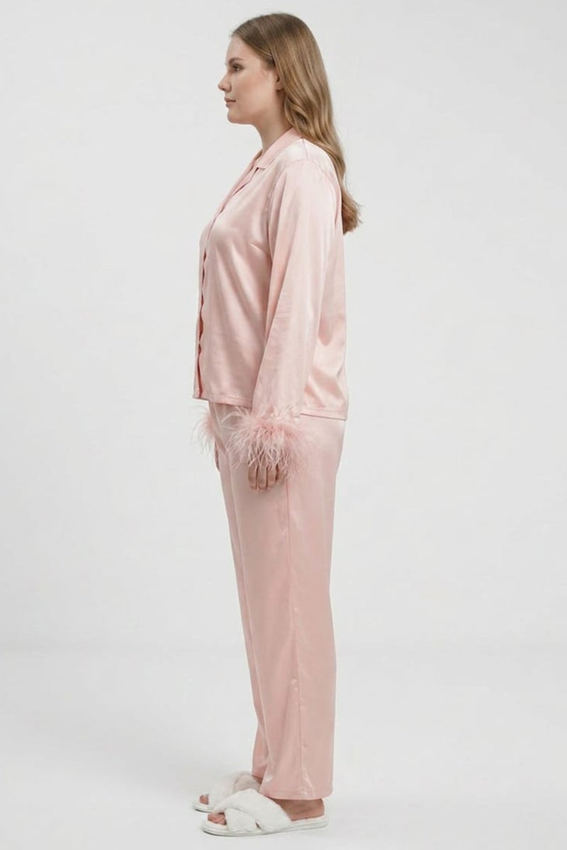 Material Girl Women 2 Pieces Plain Long Sleeve Shirt With Pants Sleepwear Set, Pink - Image 3
