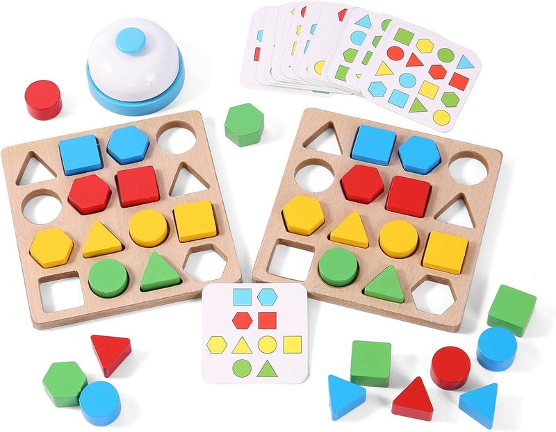 UV Enterprises Wooden Puzzles Shape Color Matching Board Games Preschool Educational Montessori Toys for Kids 3 4 5 6 Years Old Boys Girls Brain Teaser Puzzle Logic Game with Bell Cards - Image 2