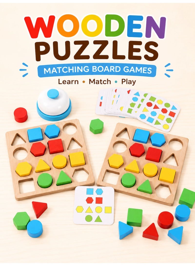 UV Enterprises Wooden Puzzles Shape Color Matching Board Games Preschool Educational Montessori Toys for Kids 3 4 5 6 Years Old Boys Girls Brain Teaser Puzzle Logic Game with Bell Cards - Image 1