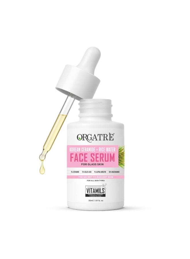 Orgatre Korean Face Serum for Glowing & Glass Skin – 10% Niacinamide, 2% Kojic Acid, 1% Ceramide, Alpha Arbutin & Rice Water | Brightening, Anti-Pigmentation, Anti-Aging | For Men & Women | 30ml - Image 1