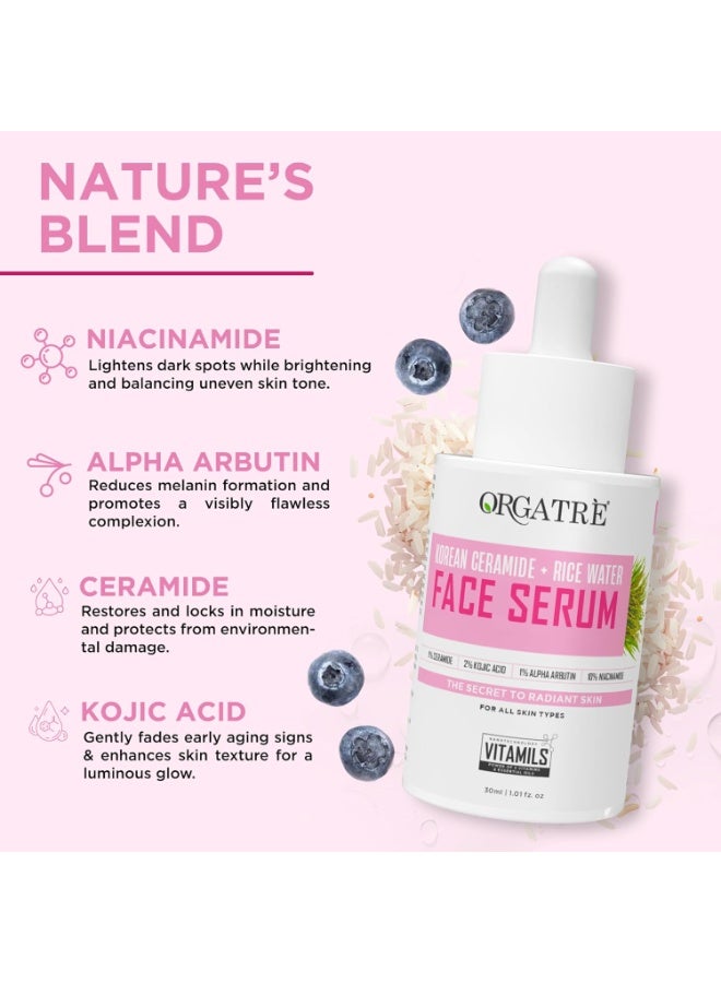 Orgatre Korean Face Serum for Glowing & Glass Skin – 10% Niacinamide, 2% Kojic Acid, 1% Ceramide, Alpha Arbutin & Rice Water | Brightening, Anti-Pigmentation, Anti-Aging | For Men & Women | 30ml - Image 3
